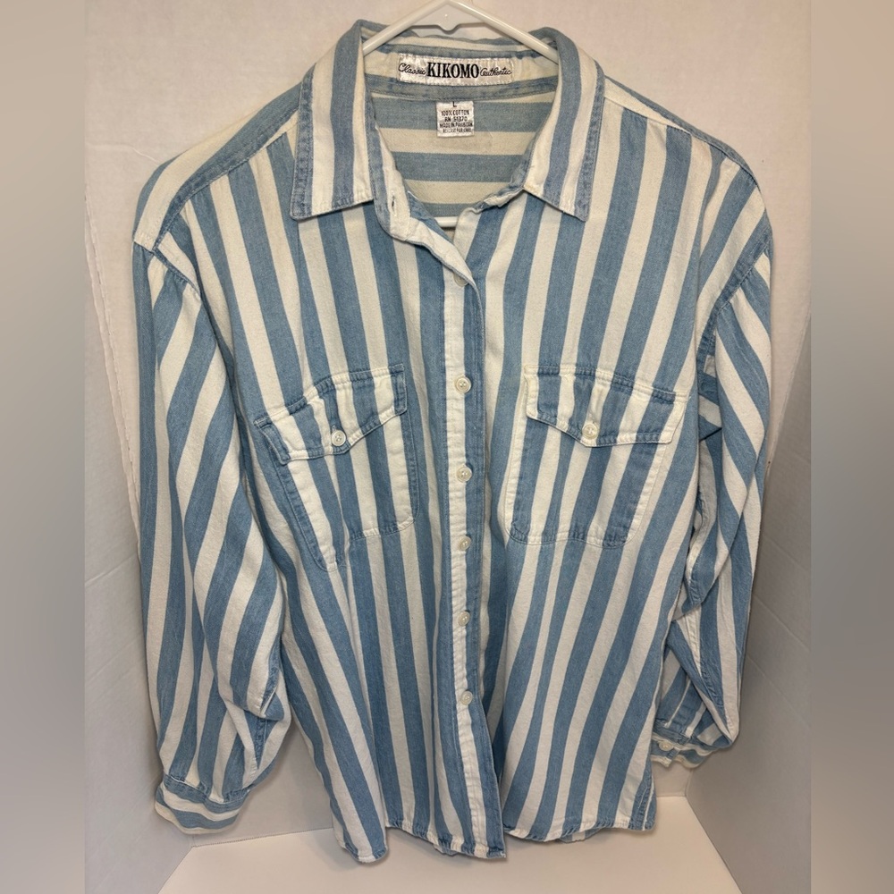 Kikomo Women’s Large Striped Button Down Long Sleeve Shirt VTG ClassicAuthentic